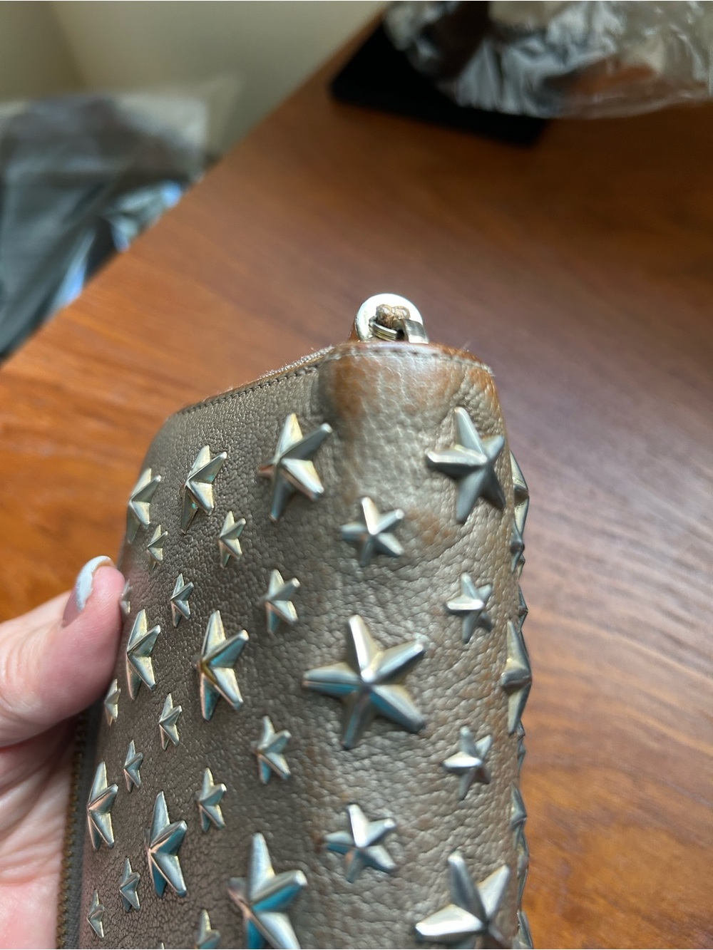 Jimmy Choo Filipa Metallic Silver Star-Studded Zip-Around Continental Wallet - Picture 10 of 14